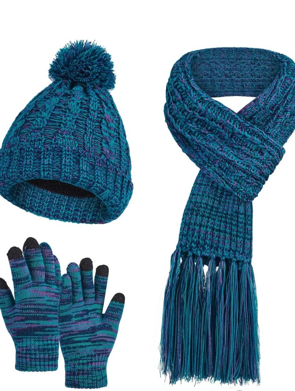 3-Pc Winter Hat Scarf Touch Screen Gloves Set Blue Purple NWT